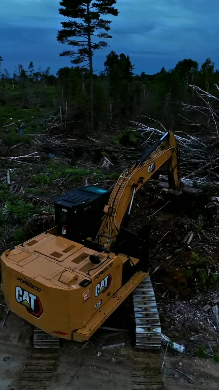 Pelle CAT sur un chantier forestier, vue de drone